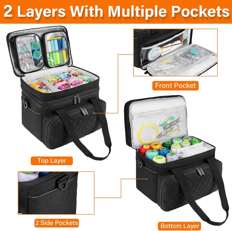 MRINCA Sewing Accessories Organizer Case with Shoulder Strap,Double Layer Sewing Storage Bag with 2 Detachable Pouches for Sewing Accessories and Supplies,Large Travel Sewing Box for Sewing kit Tools,Black - Image 2